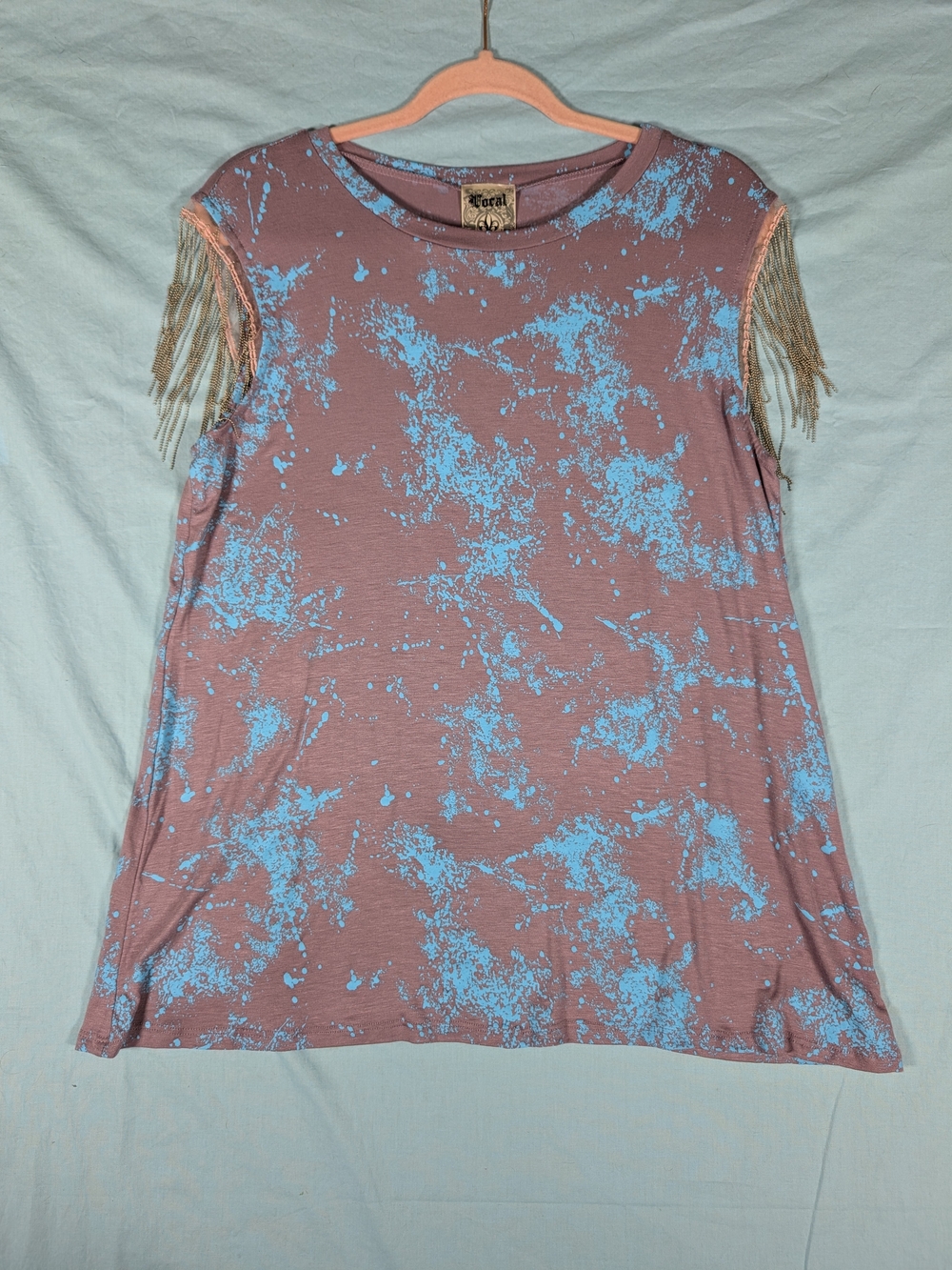 Vocal Mauve and Light Blue Tie-Dye Fringe Sleeve Tank